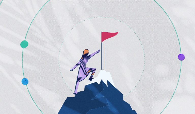 person reaching for flag on a mountain peak